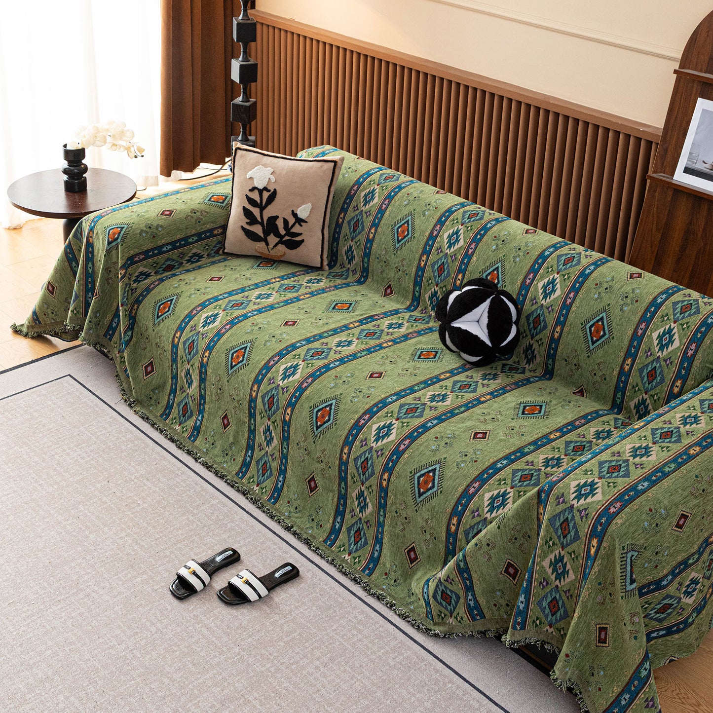 Southwestern Boho Woven Tribal Sofa Cover Blanket, Rustic Farmhouse Couch Throw Cover