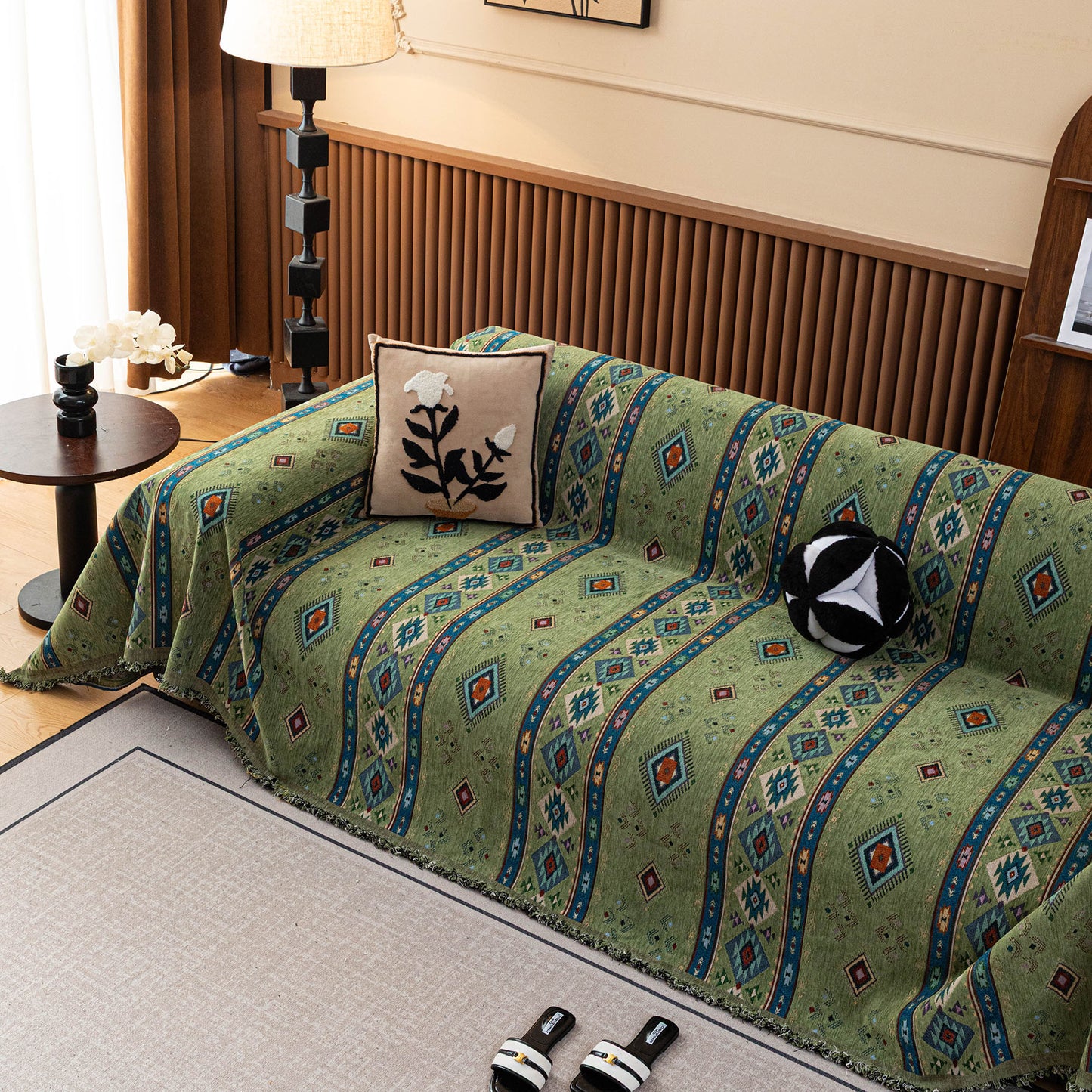 Southwestern Boho Woven Tribal Sofa Cover Blanket, Rustic Farmhouse Couch Throw Cover
