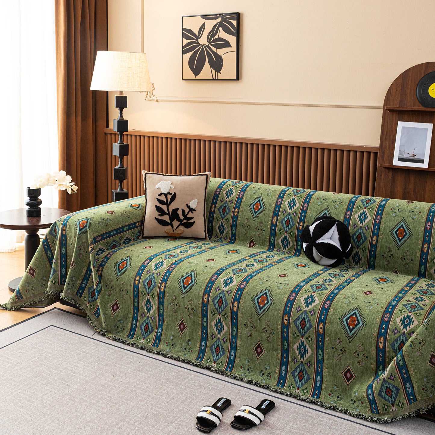 Southwestern Boho Woven Tribal Sofa Cover Blanket, Rustic Farmhouse Couch Throw Cover
