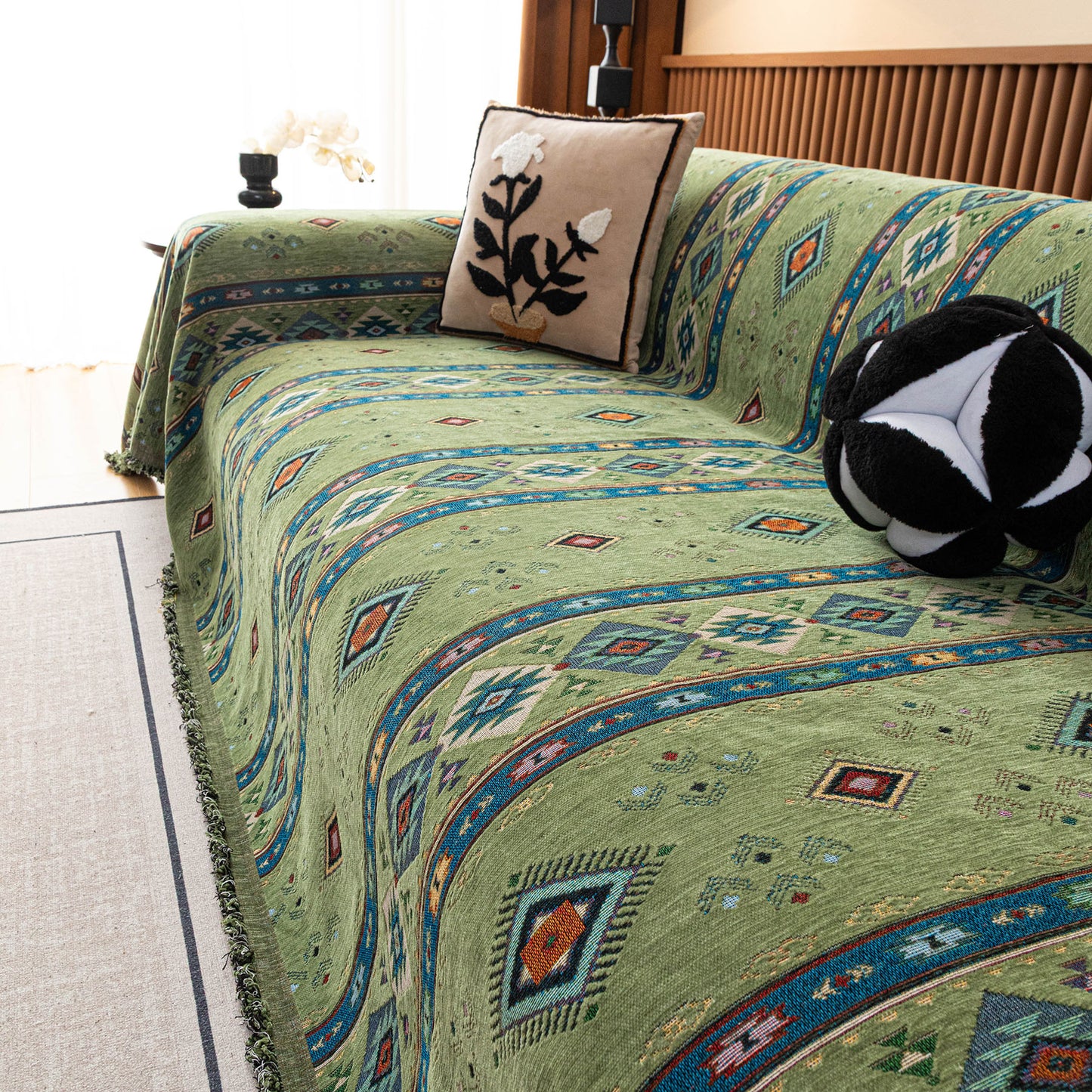 Southwestern Boho Woven Tribal Sofa Cover Blanket, Rustic Farmhouse Couch Throw Cover