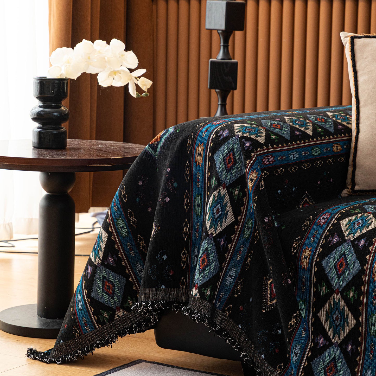Southwestern Boho Woven Tribal Sofa Cover Blanket, Rustic Farmhouse Couch Throw Cover