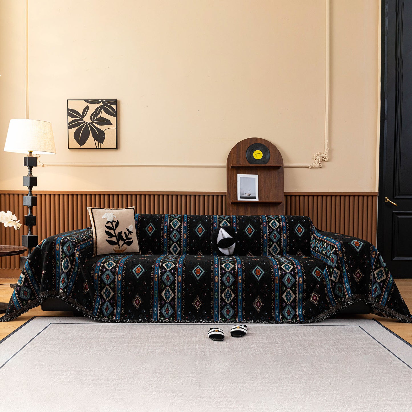 Southwestern Boho Woven Tribal Sofa Cover Blanket, Rustic Farmhouse Couch Throw Cover
