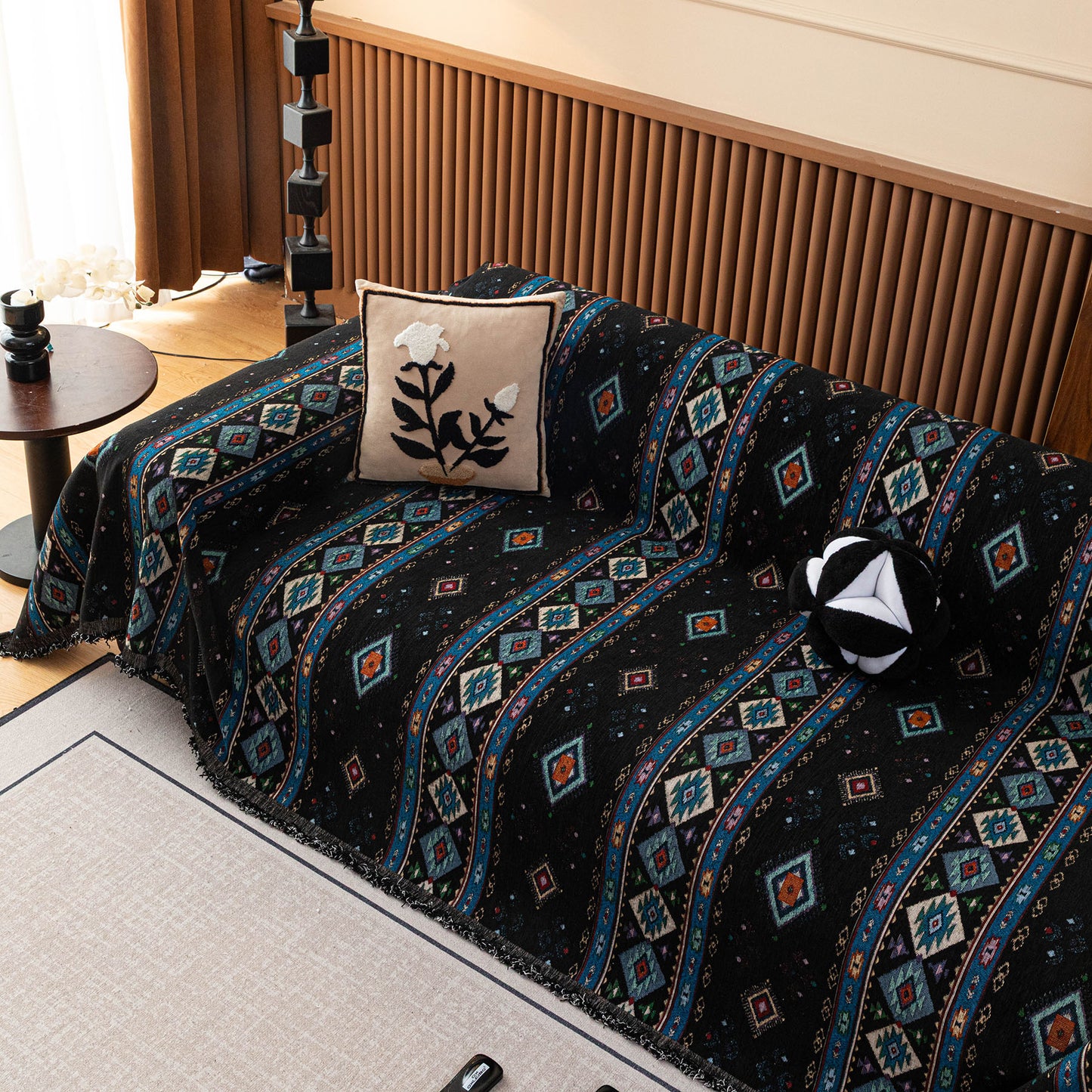 Southwestern Boho Woven Tribal Sofa Cover Blanket, Rustic Farmhouse Couch Throw Cover