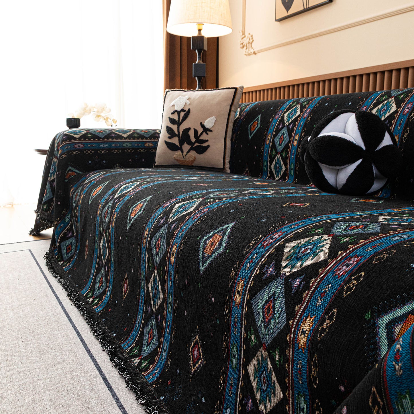 Southwestern Boho Woven Tribal Sofa Cover Blanket, Rustic Farmhouse Couch Throw Cover