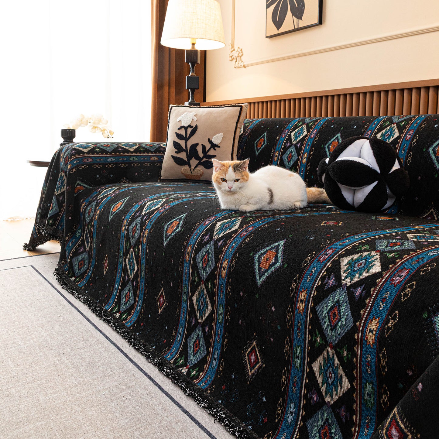 Southwestern Boho Woven Tribal Sofa Cover Blanket, Rustic Farmhouse Couch Throw Cover