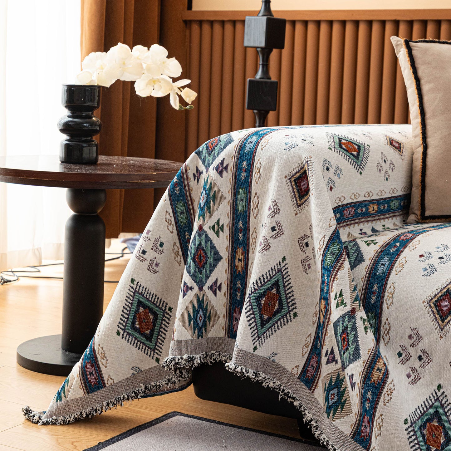 Southwestern Boho Woven Tribal Sofa Cover Blanket, Rustic Farmhouse Couch Throw Cover