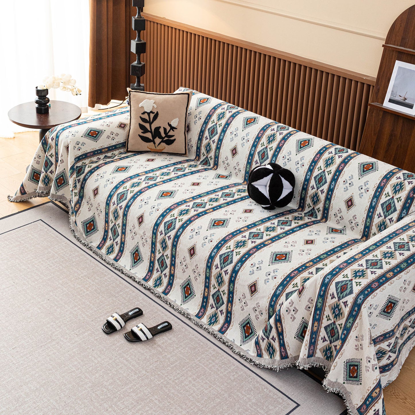 Southwestern Boho Woven Tribal Sofa Cover Blanket, Rustic Farmhouse Couch Throw Cover
