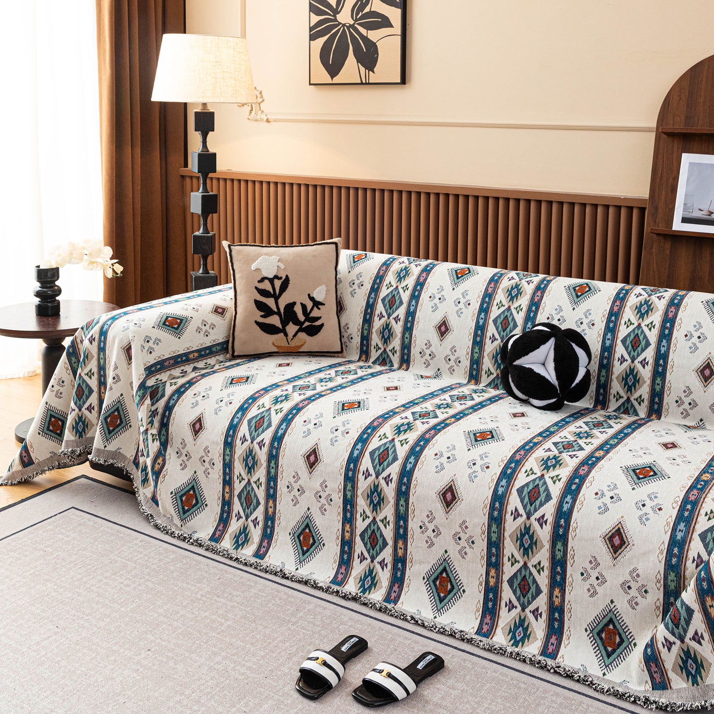 Southwestern Boho Woven Tribal Sofa Cover Blanket, Rustic Farmhouse Couch Throw Cover