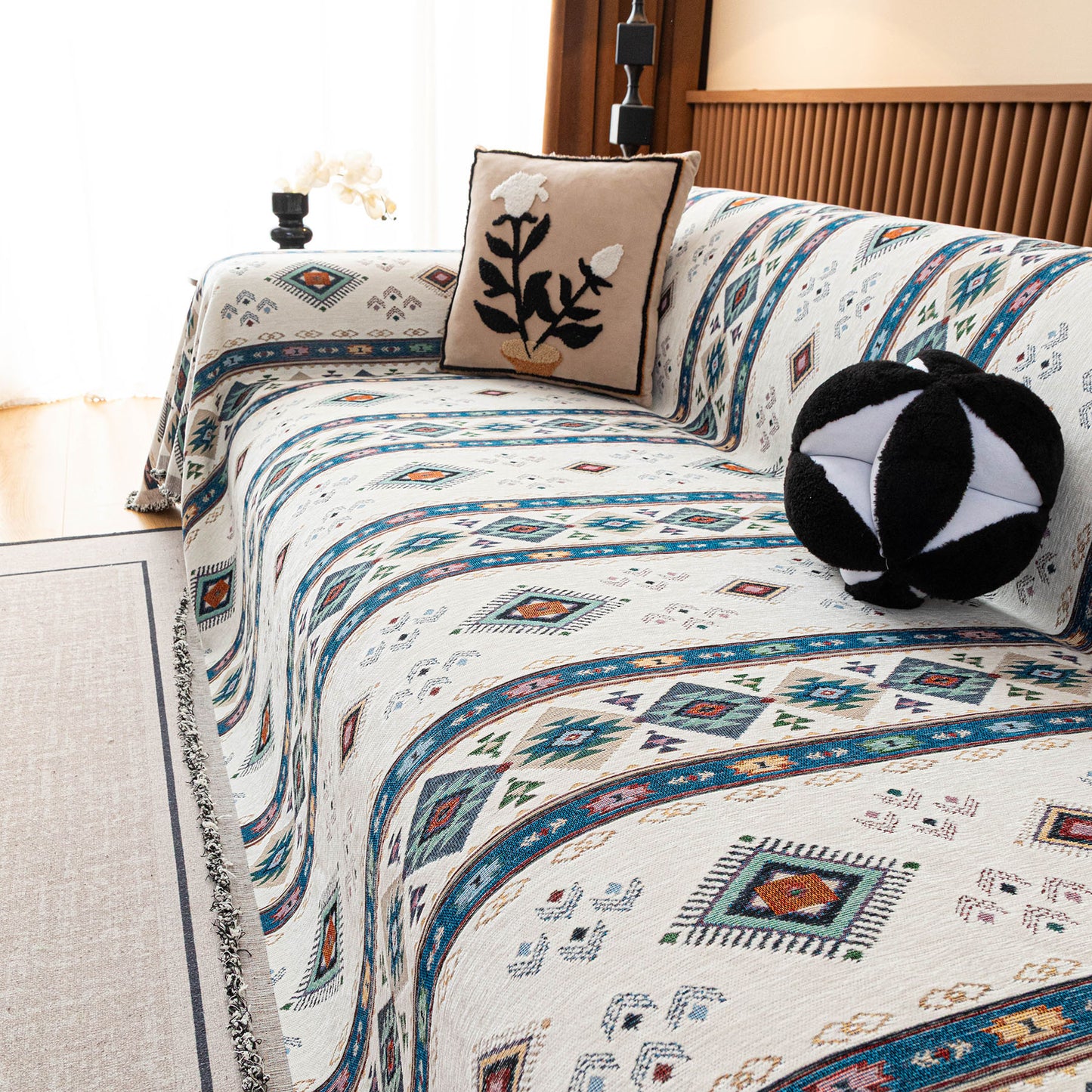 Southwestern Boho Woven Tribal Sofa Cover Blanket, Rustic Farmhouse Couch Throw Cover