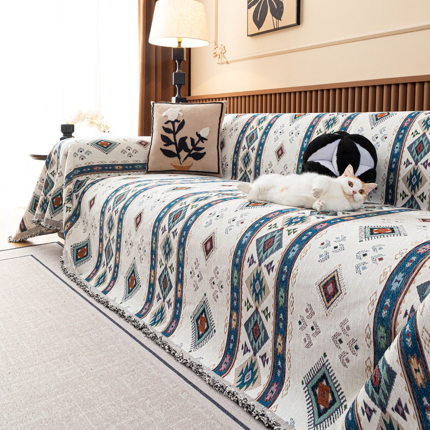 Southwestern Boho Woven Tribal Sofa Cover Blanket, Rustic Farmhouse Couch Throw Cover