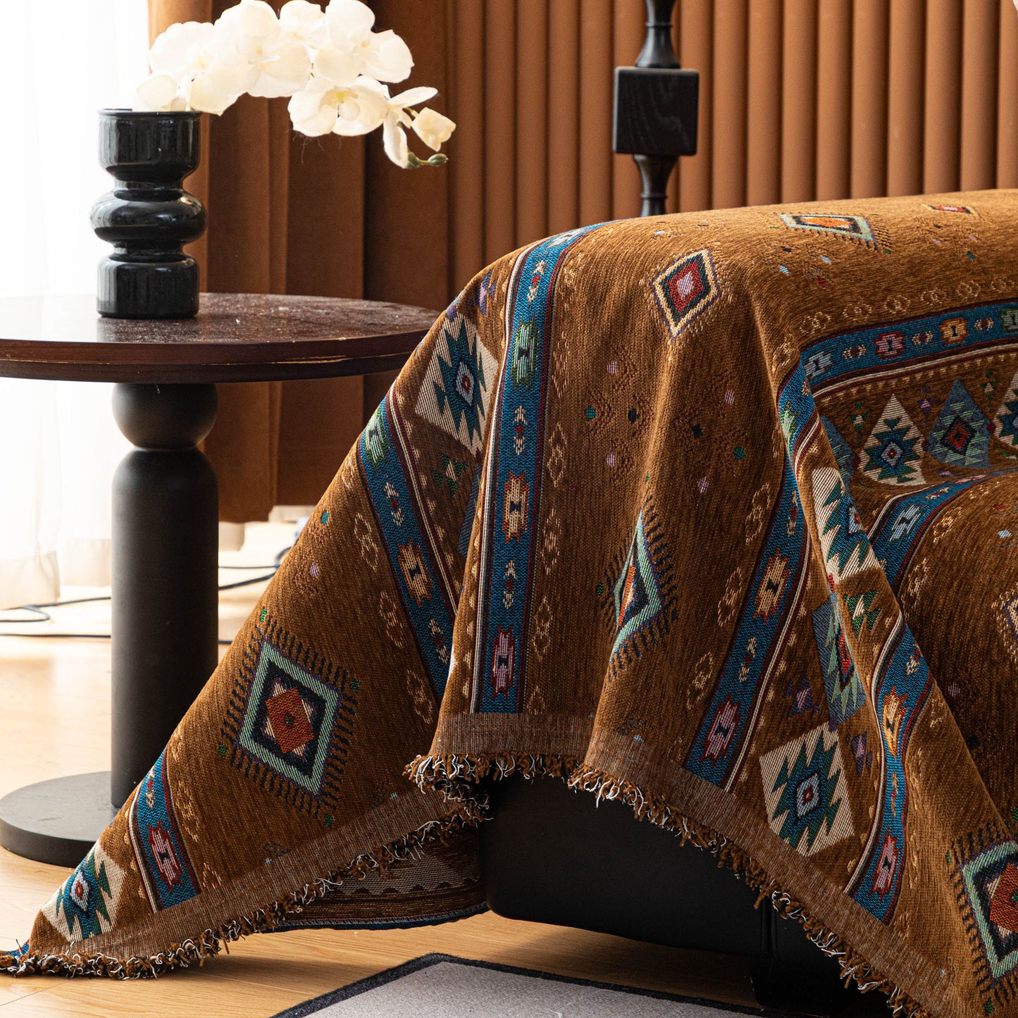 Southwestern Boho Woven Tribal Sofa Cover Blanket, Rustic Farmhouse Couch Throw Cover