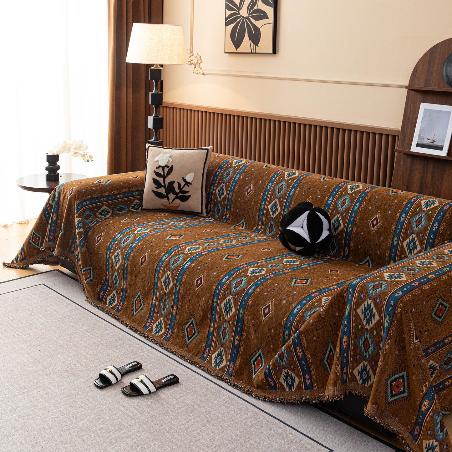 Southwestern Boho Woven Tribal Sofa Cover Blanket, Rustic Farmhouse Couch Throw Cover