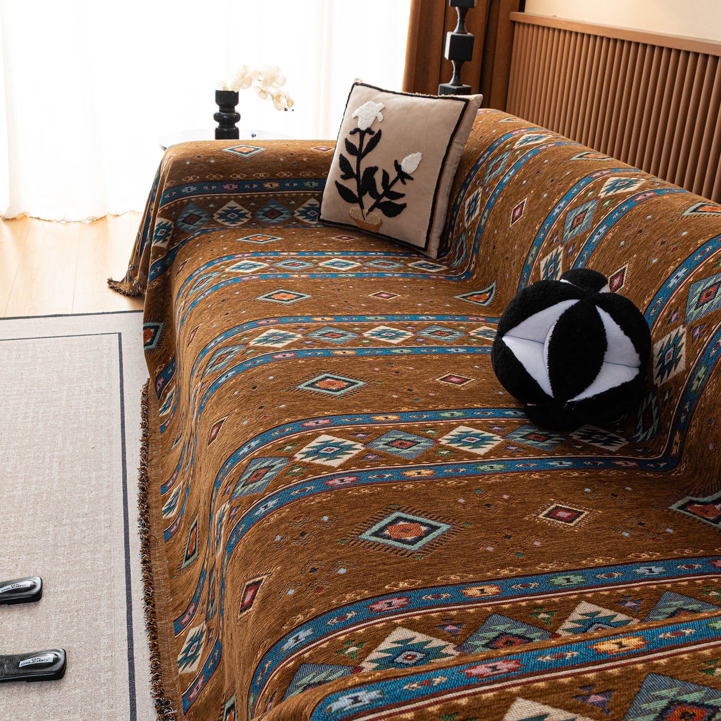 Southwestern Boho Woven Tribal Sofa Cover Blanket, Rustic Farmhouse Couch Throw Cover
