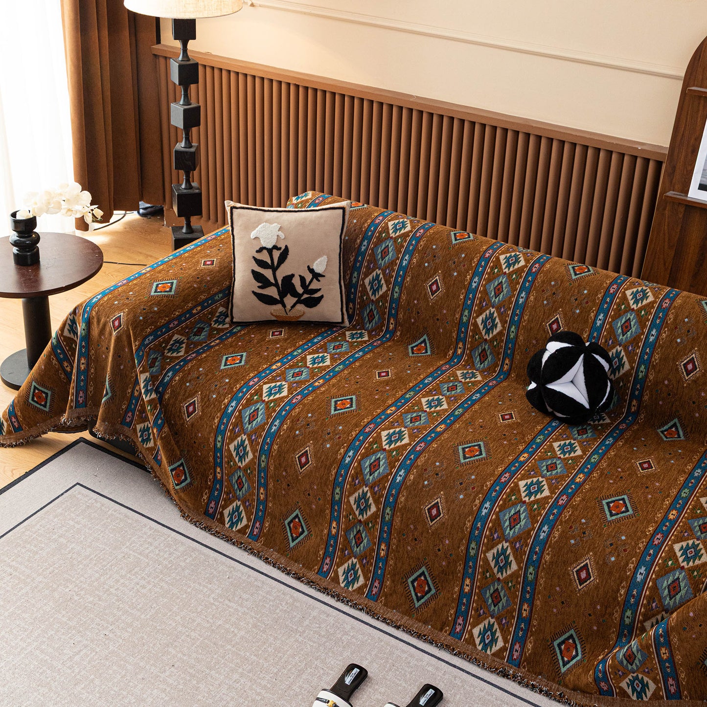 Southwestern Boho Woven Tribal Sofa Cover Blanket, Rustic Farmhouse Couch Throw Cover