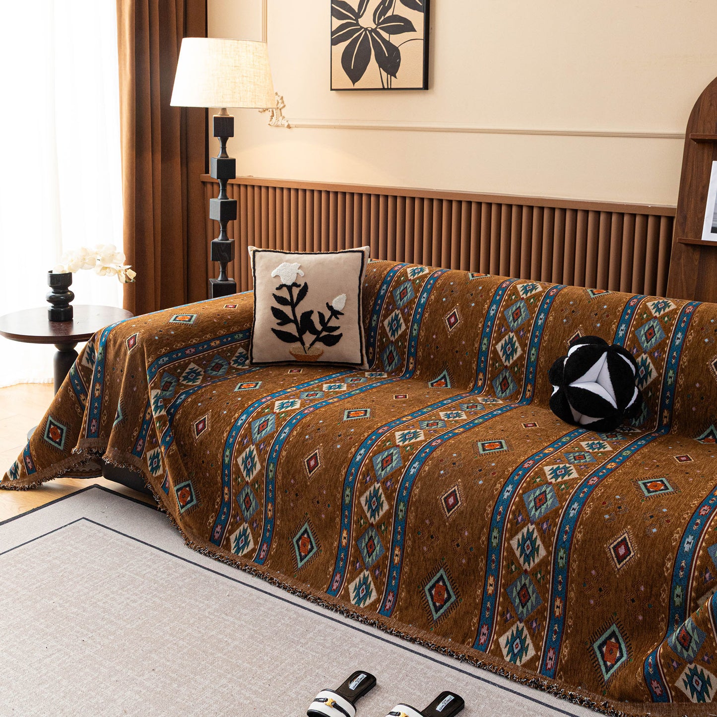 Southwestern Boho Woven Tribal Sofa Cover Blanket, Rustic Farmhouse Couch Throw Cover