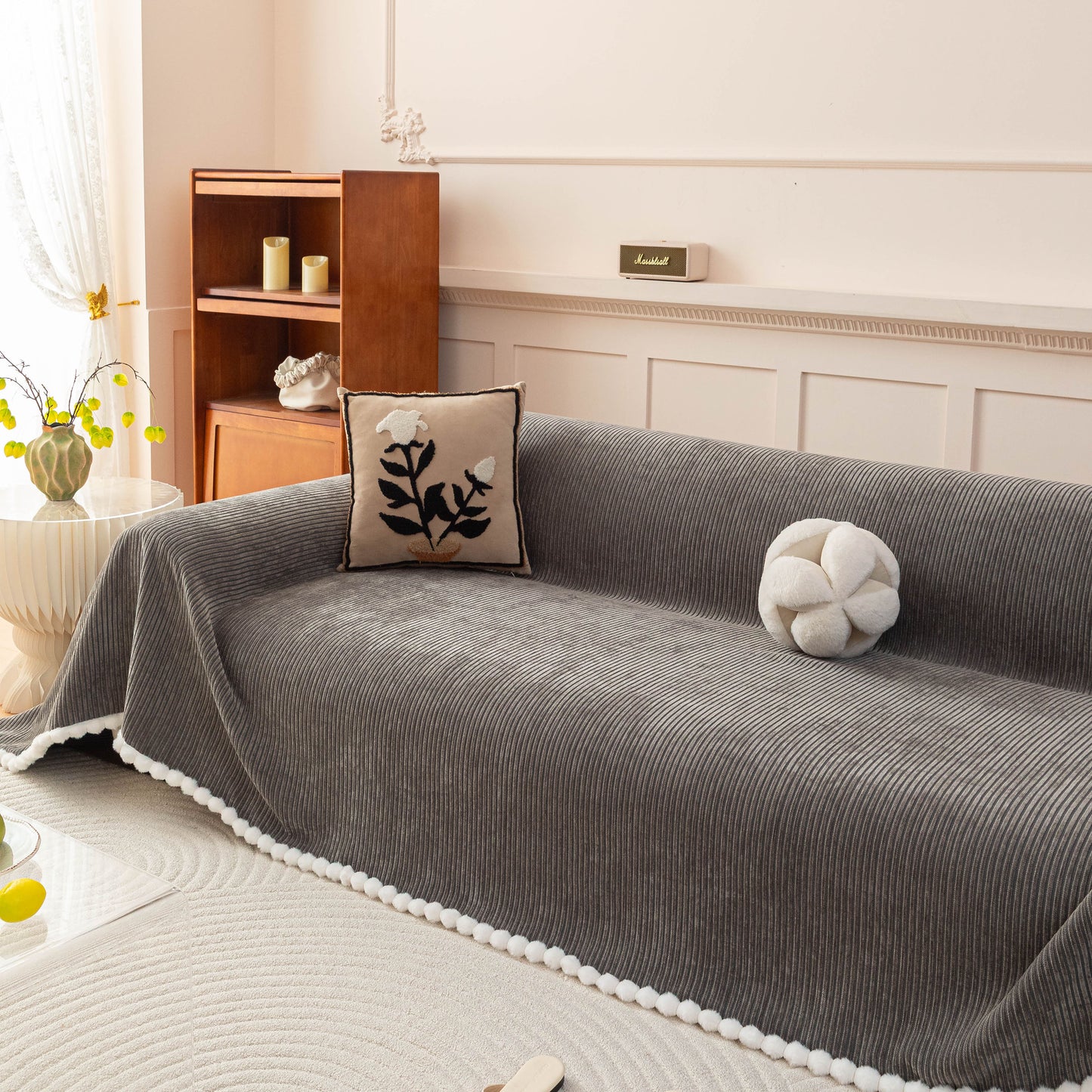 Textured Striped Cozy Couch Cover Throw Blanket with Pom Pom Trim for Sectional Sofa