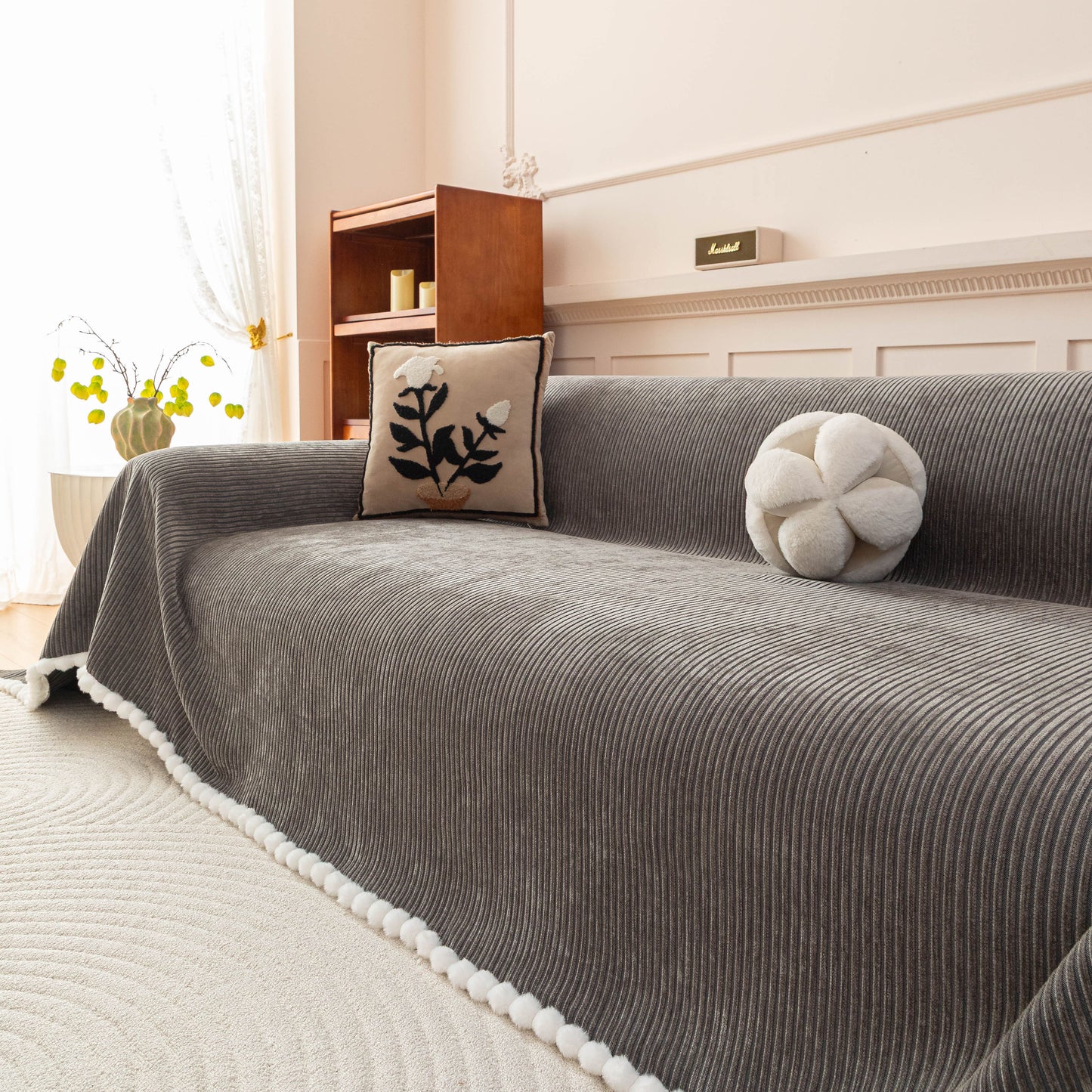 Textured Striped Cozy Couch Cover Throw Blanket with Pom Pom Trim for Sectional Sofa