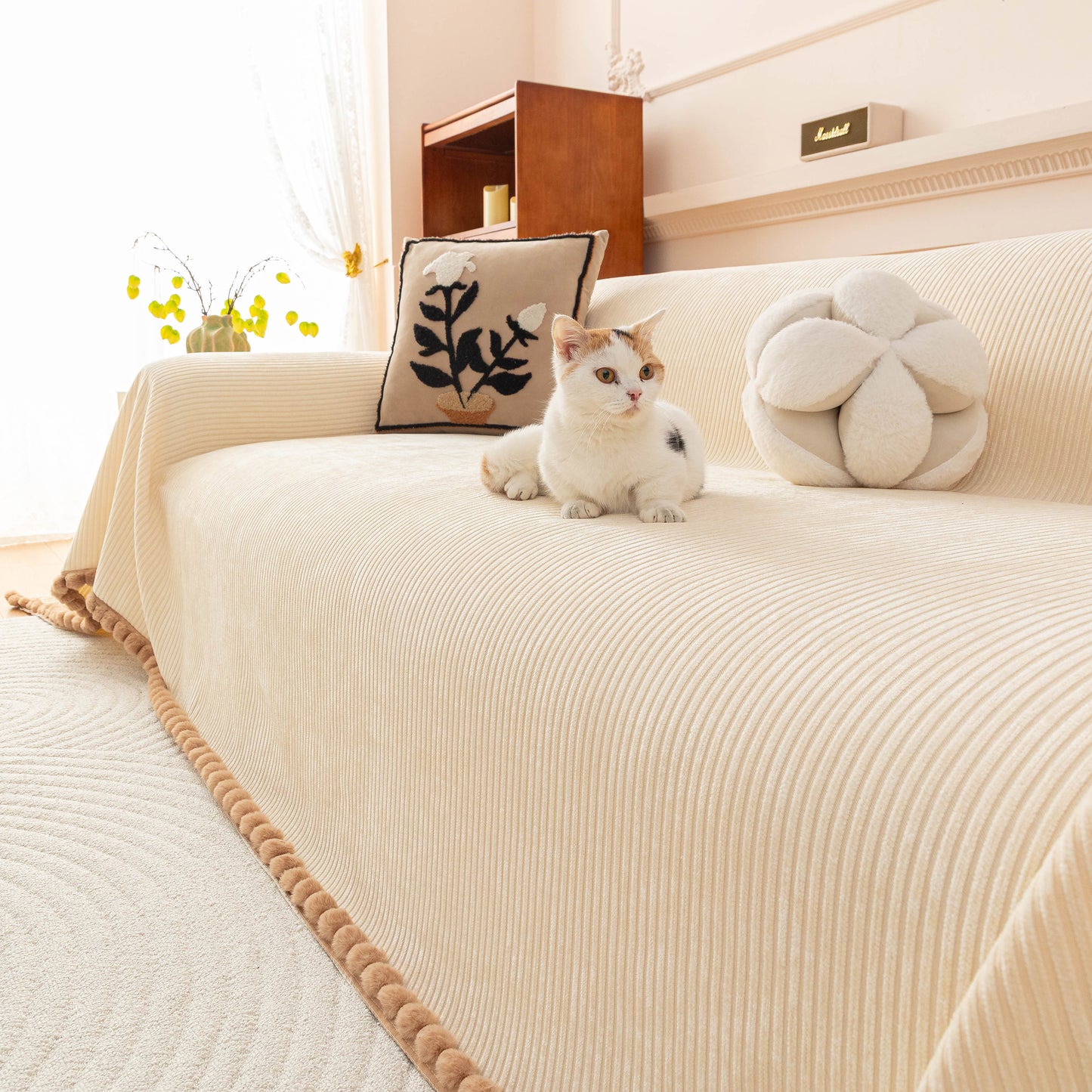 Textured Striped Cozy Couch Cover Throw Blanket with Pom Pom Trim for Sectional Sofa