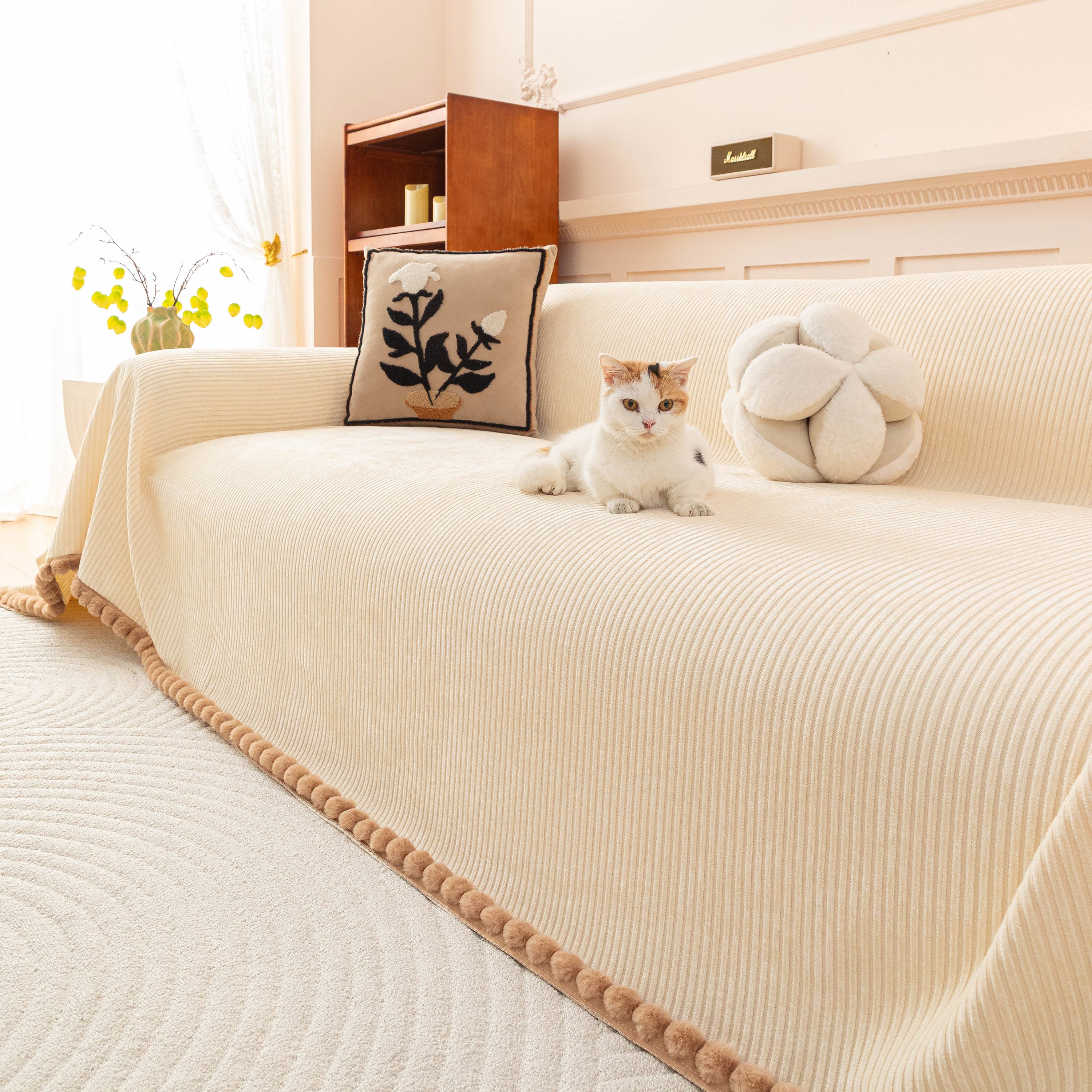Textured Striped Cozy Couch Cover Throw Blanket with Pom Pom Trim