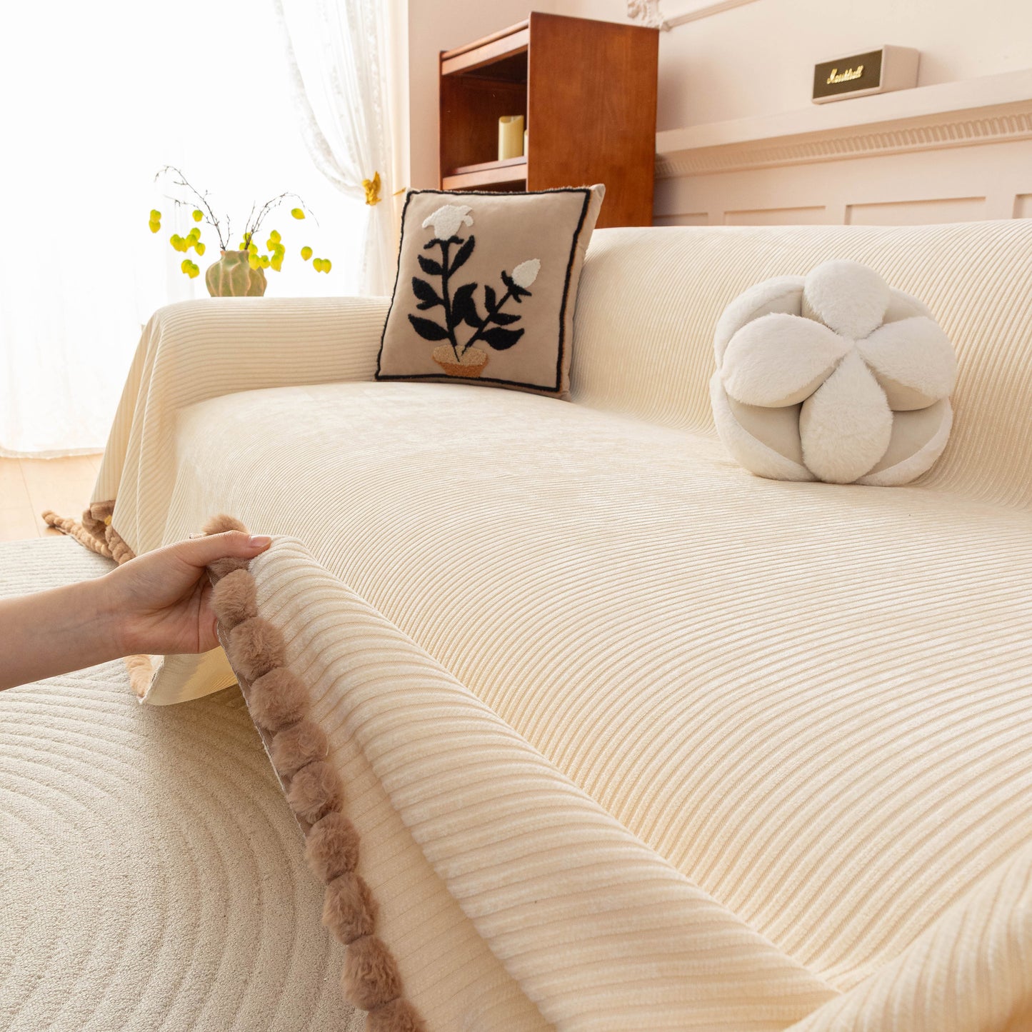 Textured Striped Cozy Couch Cover Throw Blanket with Pom Pom Trim for Sectional Sofa