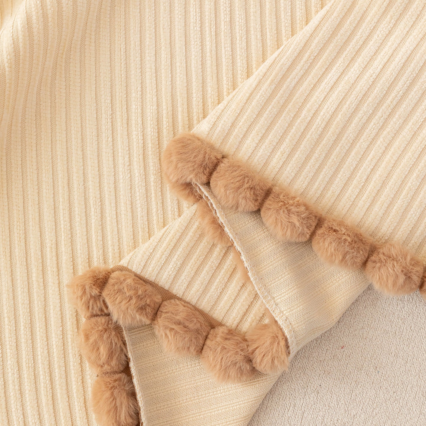 Textured Striped Cozy Couch Cover Throw Blanket with Pom Pom Trim for Sectional Sofa