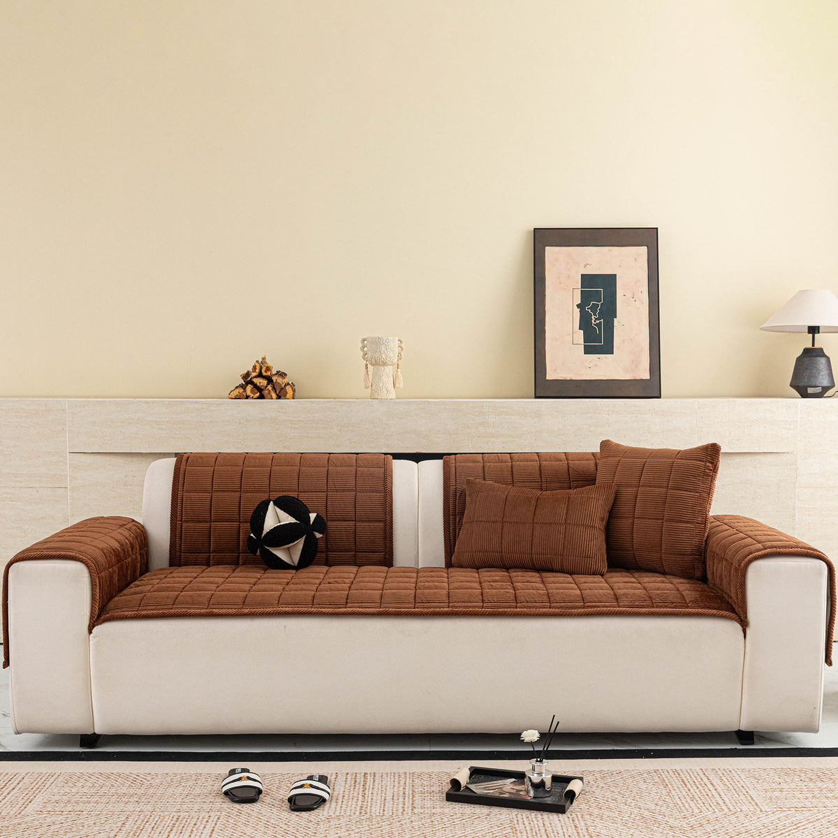 Quilted Corduroy Couch Topper, Non-Slip Soft Padded Sofa Protector for Pets & Kids