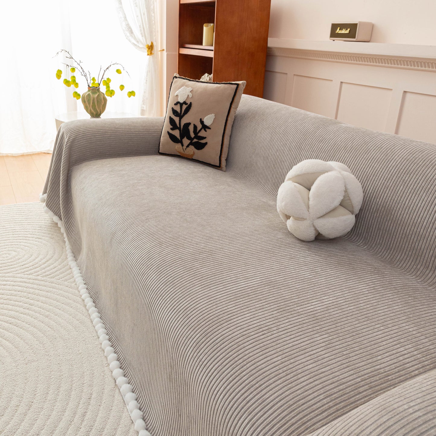 Textured Striped Cozy Couch Cover Throw Blanket with Pom Pom Trim for Sectional Sofa