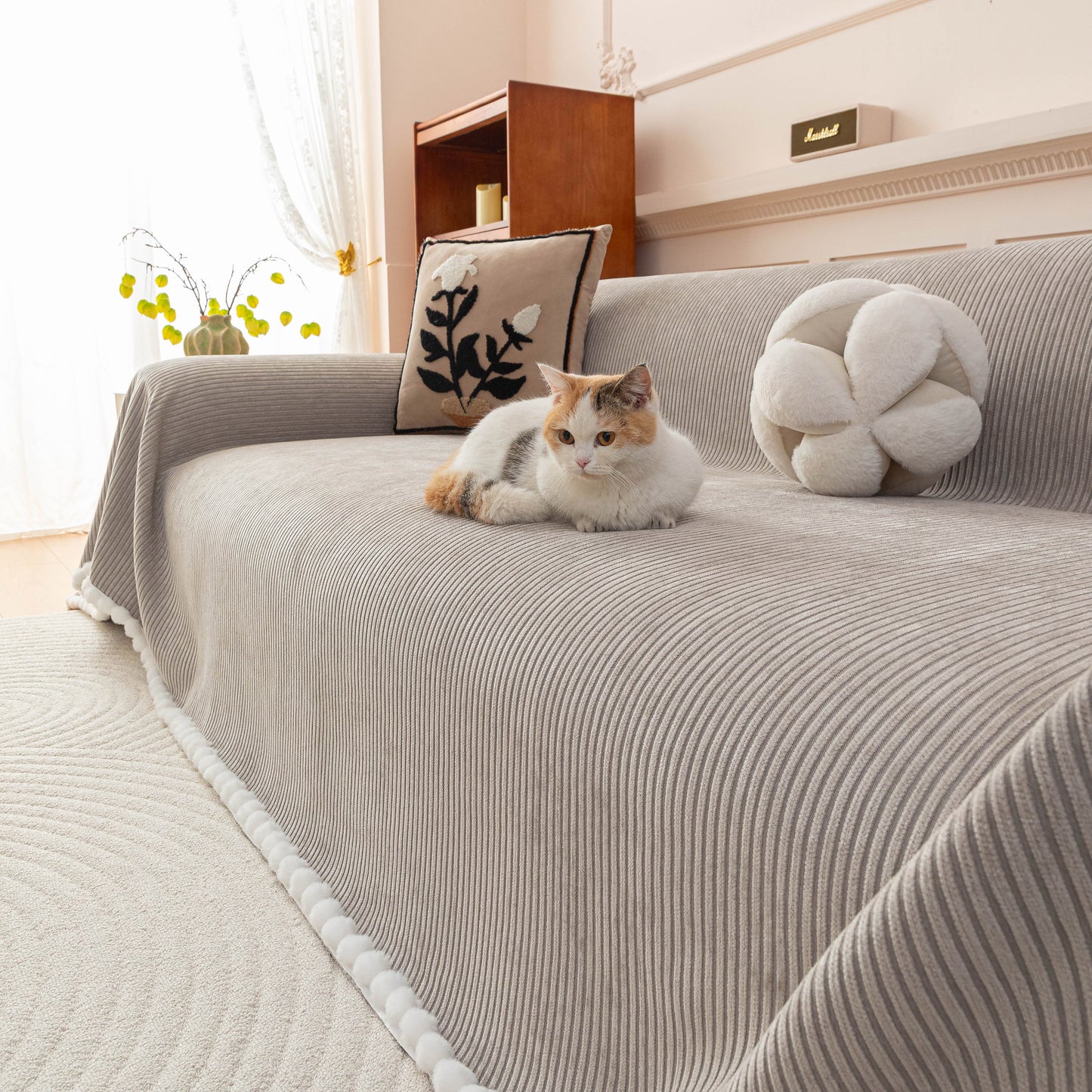 Textured Striped Cozy Couch Cover Throw Blanket with Pom Pom Trim for Sectional Sofa