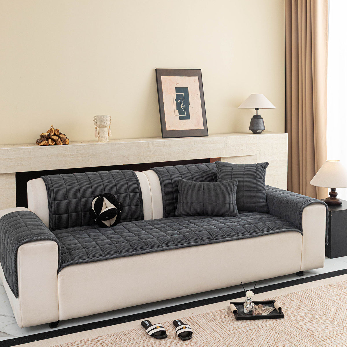 Quilted Corduroy Couch Topper, Non-Slip Soft Padded Sofa Protector for Pets & Kids