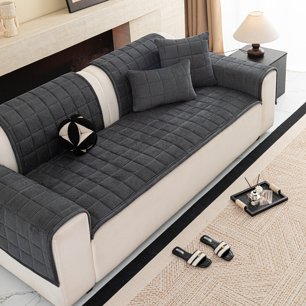 Quilted Corduroy Couch Topper, Non-Slip Soft Padded Sofa Protector for Pets & Kids