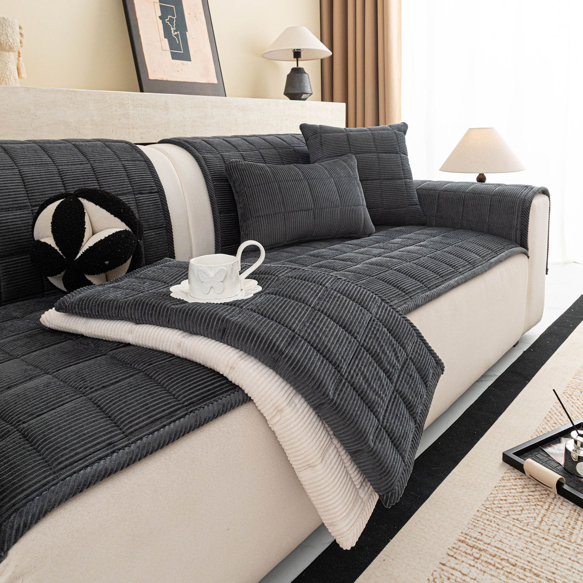 Quilted Corduroy Couch Topper, Non-Slip Soft Padded Sofa Protector for Pets & Kids