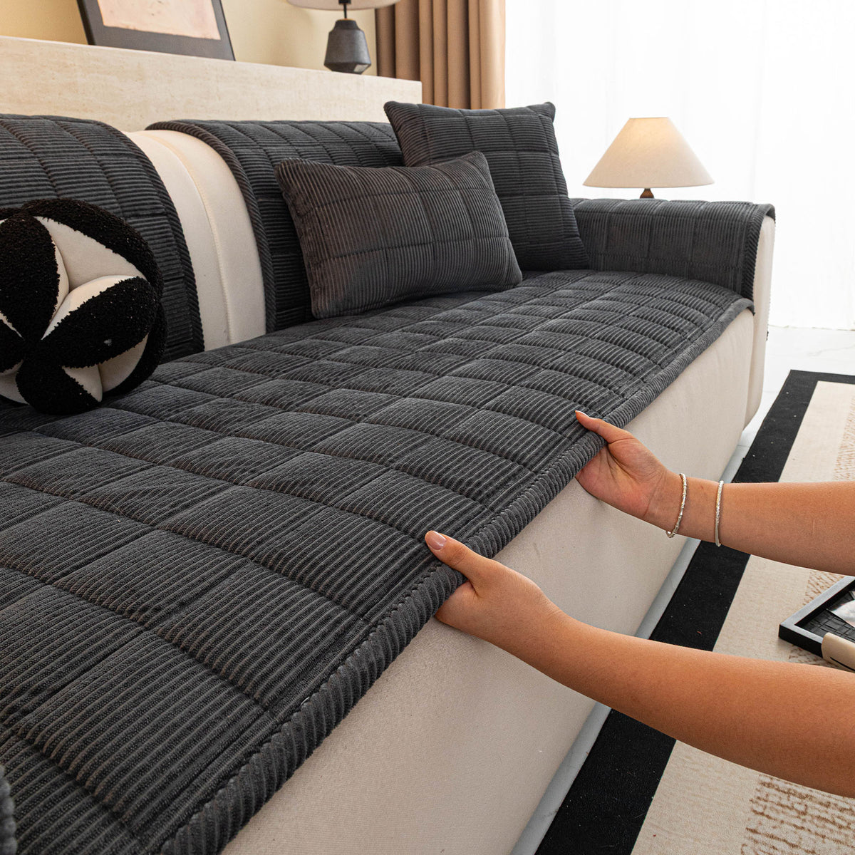 Quilted Corduroy Couch Topper, Non-Slip Soft Padded Sofa Protector for Pets & Kids