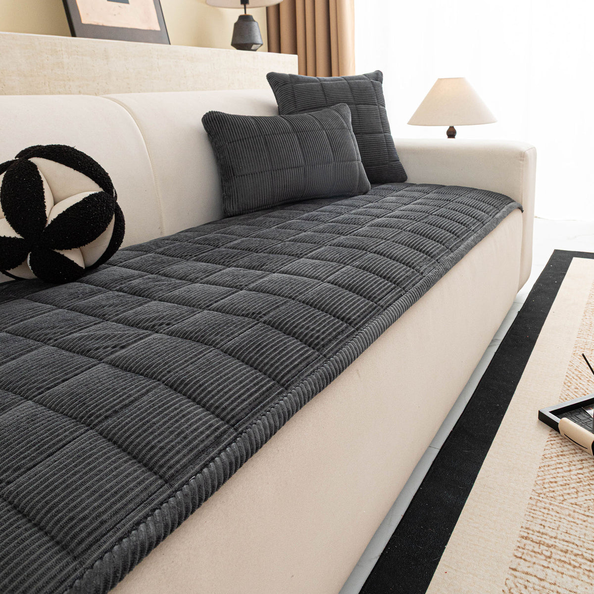 Quilted Corduroy Couch Topper, Non-Slip Soft Padded Sofa Protector for Pets & Kids