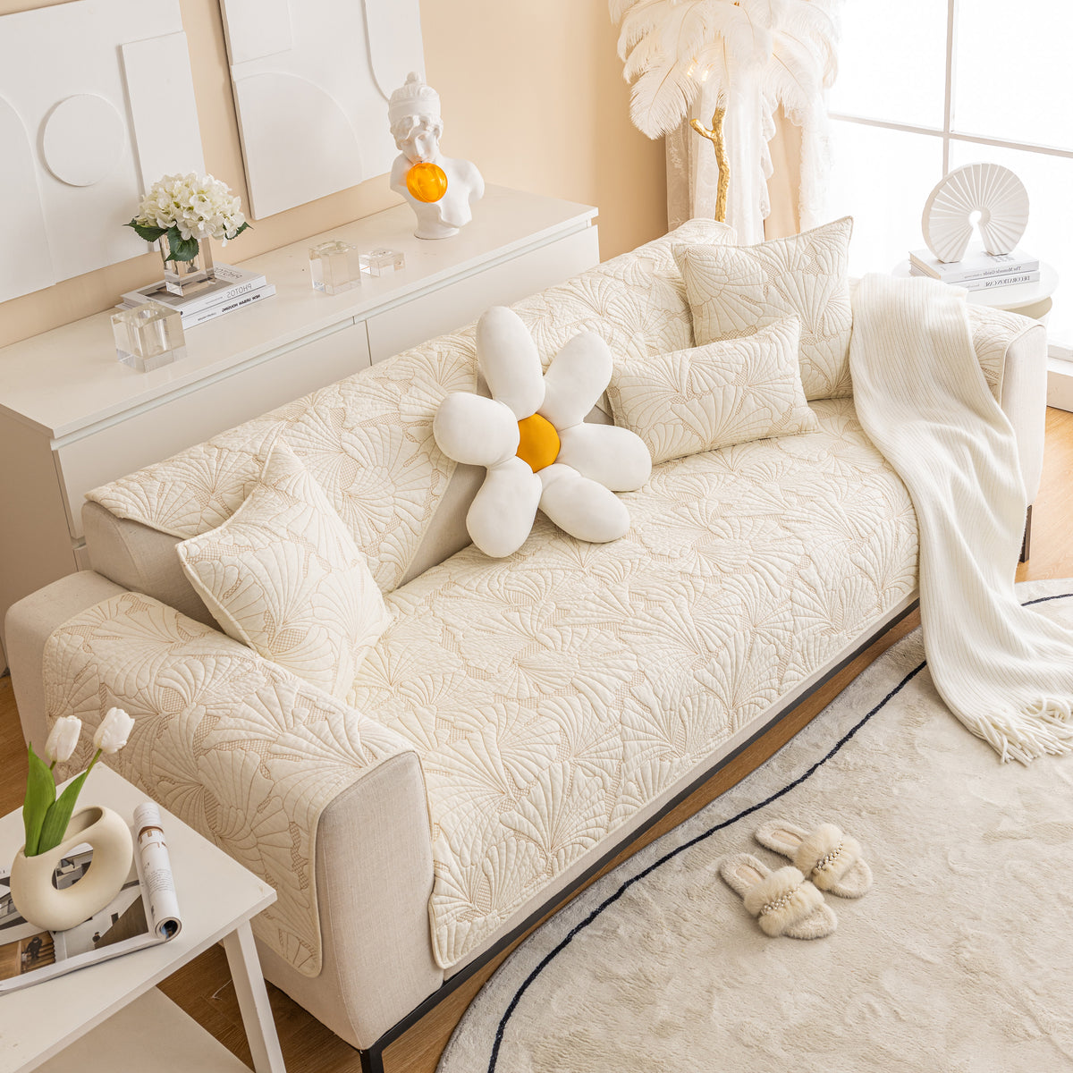 Geprägter Blatt Baumwolle gesteppte Sofaüberwurf rutschfester Couchsch – Slipcover KAS™