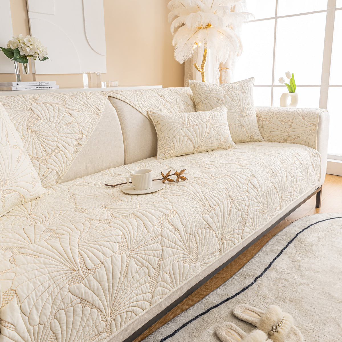 Geprägter Blatt Baumwolle gesteppte Sofaüberwurf rutschfester Couchsch – Slipcover KAS™