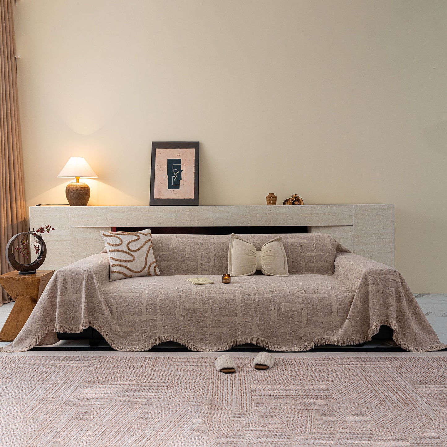 Chenille Sofa Cover Throw Blanket, Woven Textured Minimalist Wabi-Sabi Couch Cover
