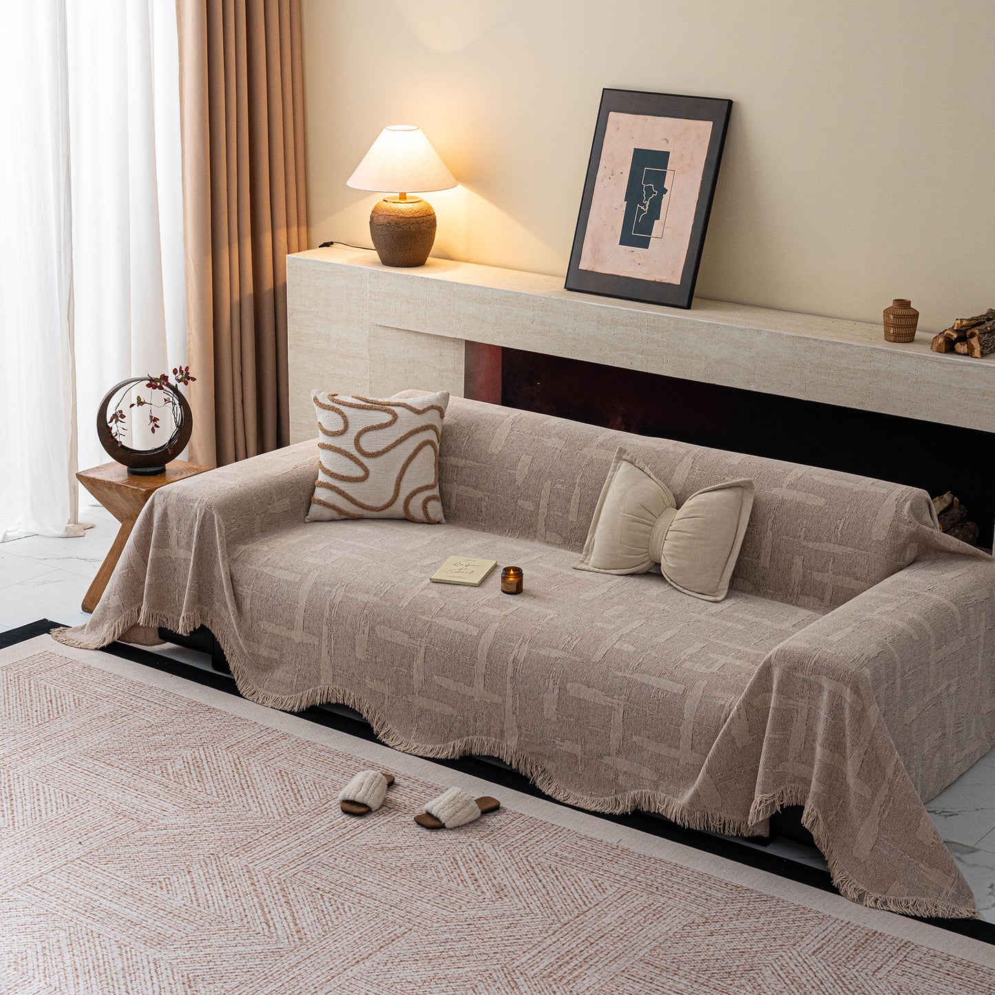 Chenille Sofa Cover Throw Blanket, Woven Textured Minimalist Wabi-Sabi Couch Cover