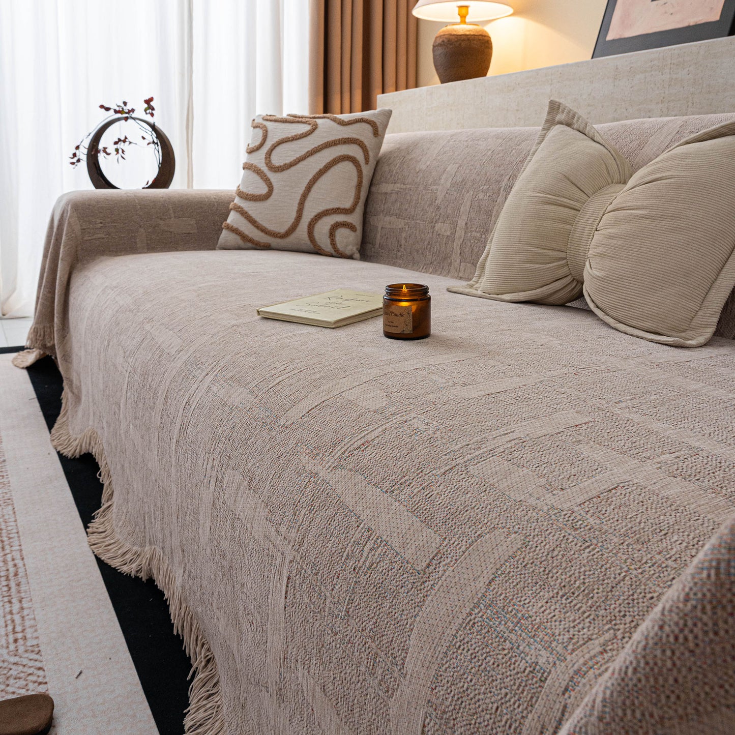 Chenille Sofa Cover Throw Blanket, Woven Textured Minimalist Wabi-Sabi Couch Cover