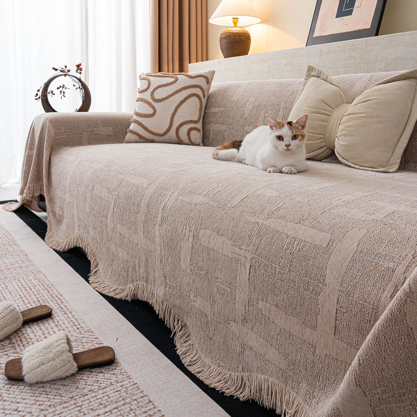 Chenille Sofa Cover Throw Blanket, Woven Textured Minimalist Wabi-Sabi Couch Cover