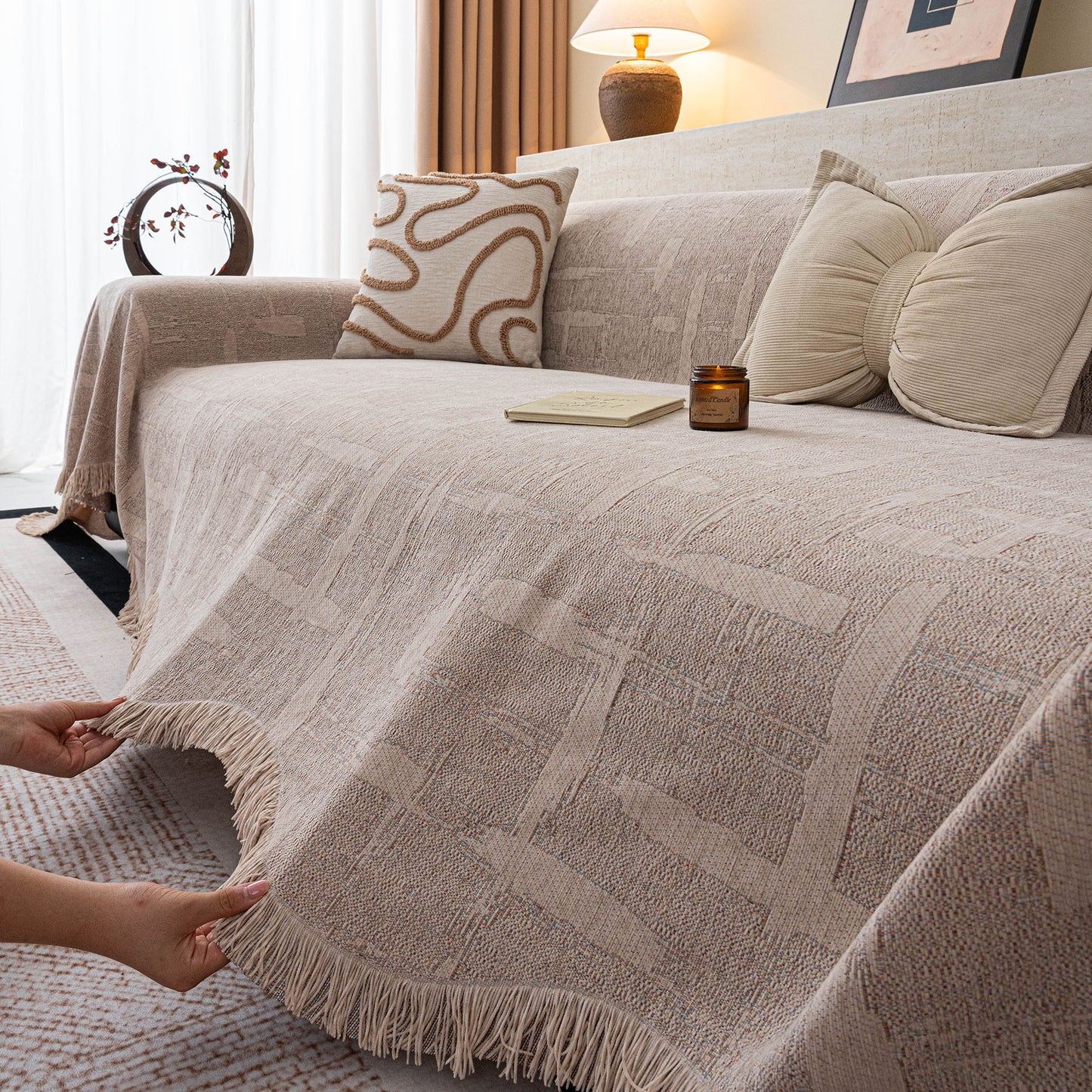 Chenille Sofa Cover Throw Blanket, Woven Textured Minimalist Wabi-Sabi Couch Cover