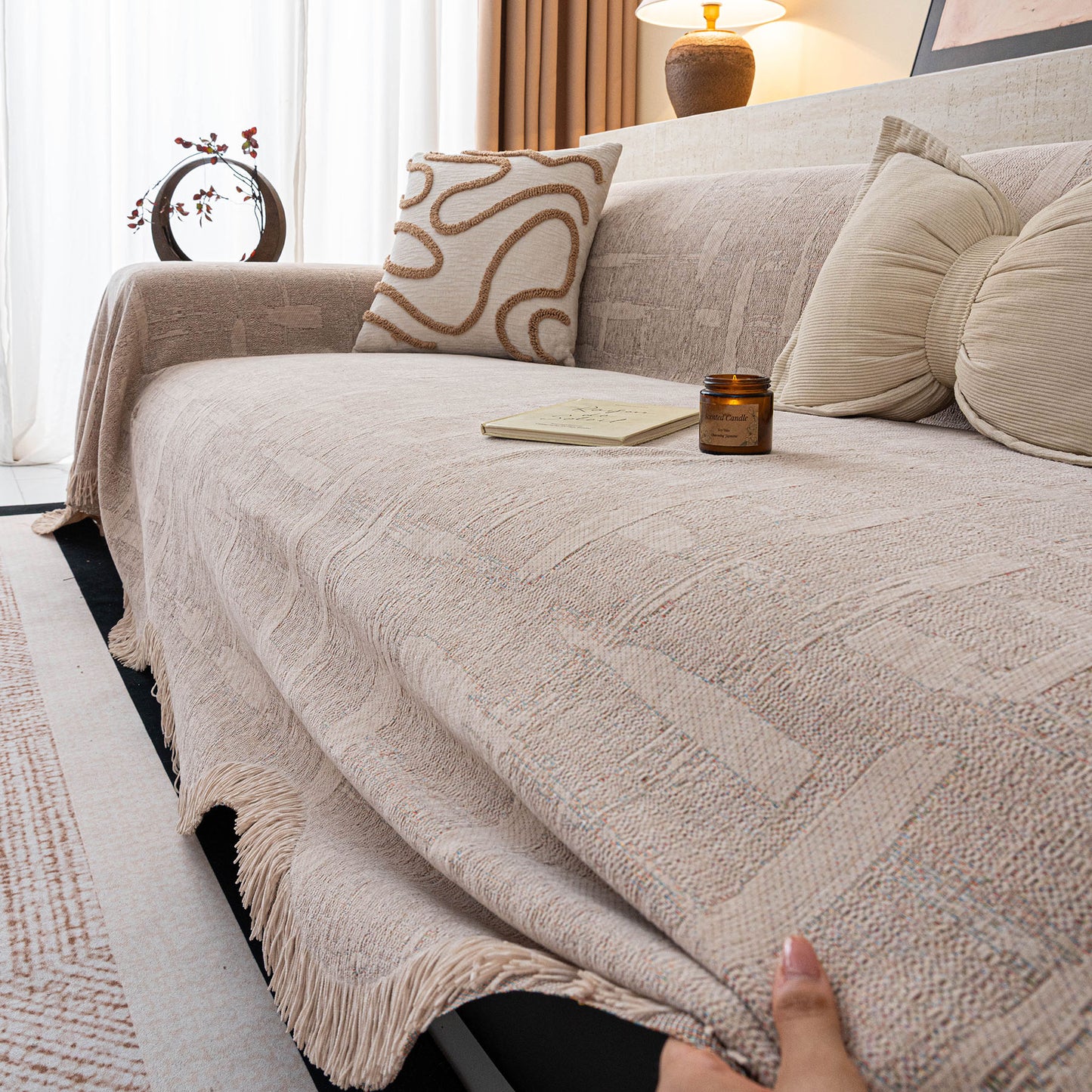 Chenille Sofa Cover Throw Blanket, Woven Textured Minimalist Wabi-Sabi Couch Cover