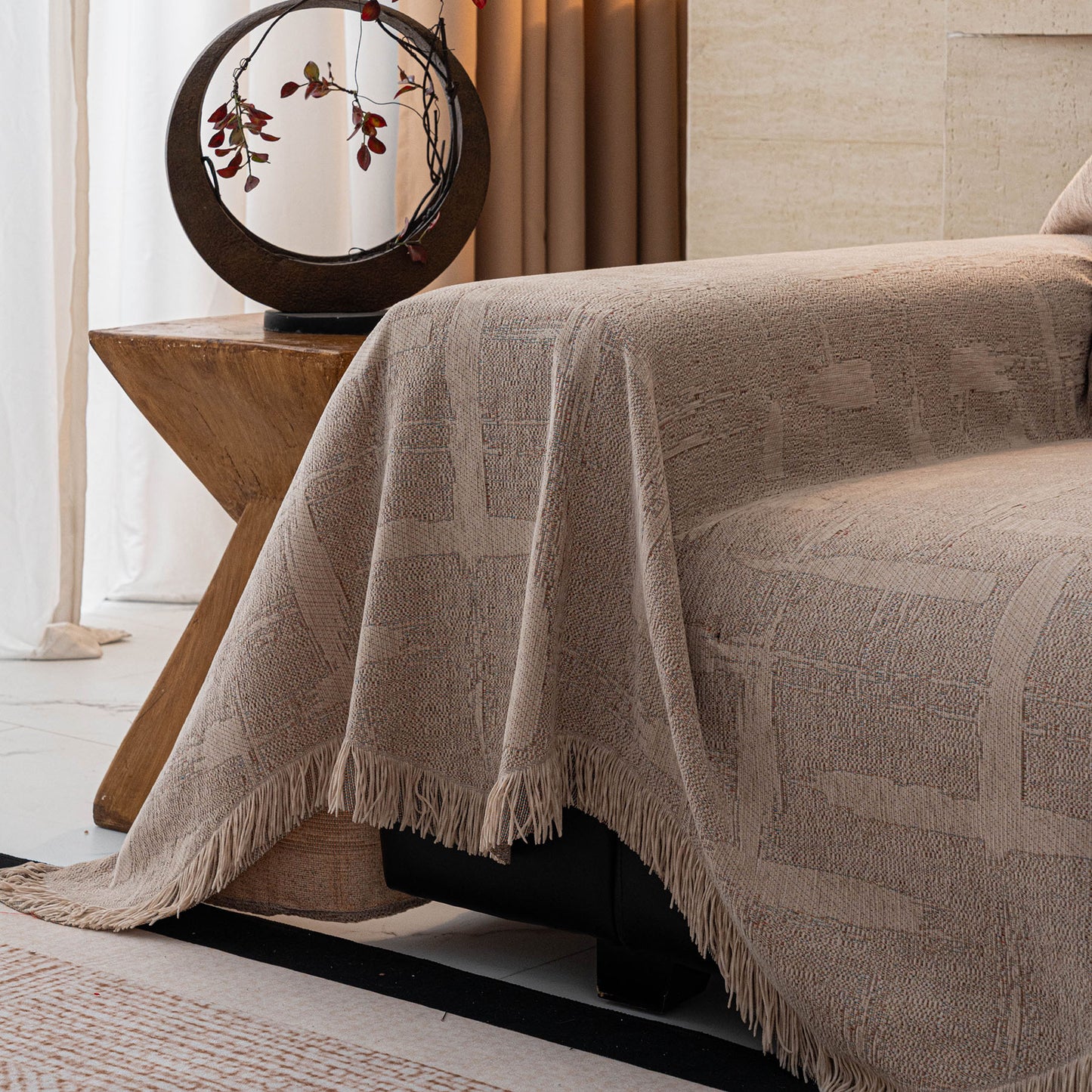 Chenille Sofa Cover Throw Blanket, Woven Textured Minimalist Wabi-Sabi Couch Cover