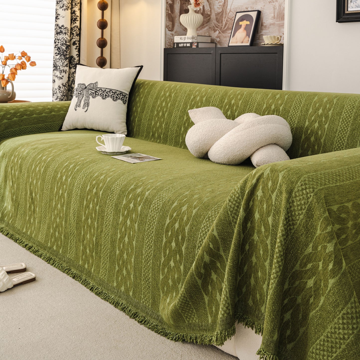 Sofa Cover Blanket Throw with Tassels, Decorative Furniture Protector for Dogs/Pets