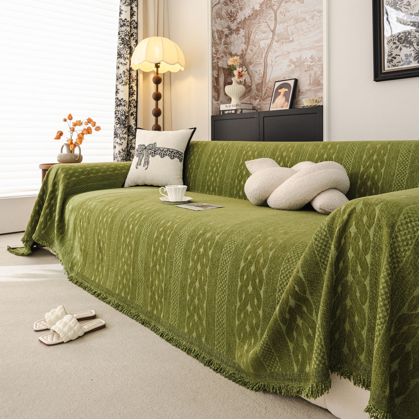 Sofa Cover Blanket Throw with Tassels, Decorative Furniture Protector for Dogs/Pets