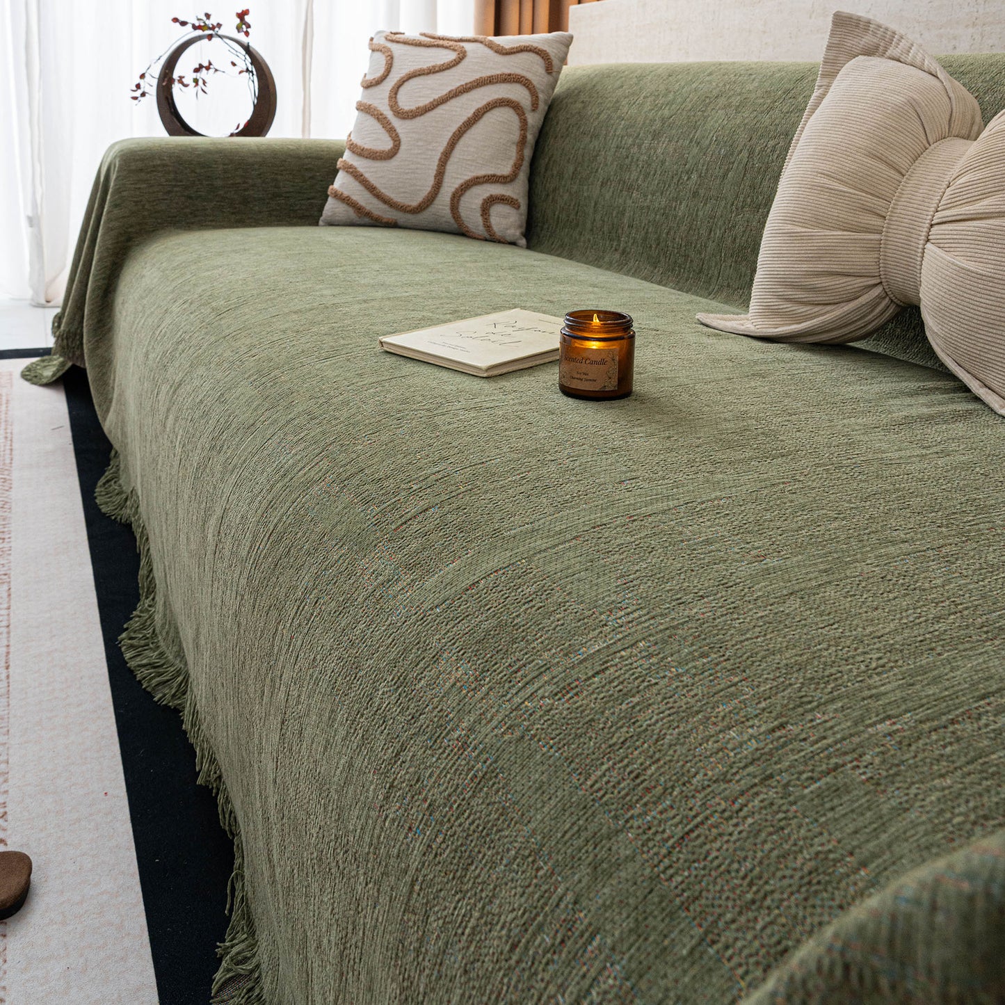 Chenille Sofa Cover Throw Blanket, Woven Textured Minimalist Wabi-Sabi Couch Cover