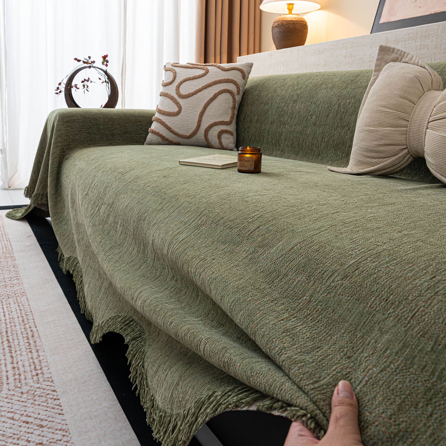 Chenille Sofa Cover Throw Blanket, Woven Textured Minimalist Wabi-Sabi Couch Cover