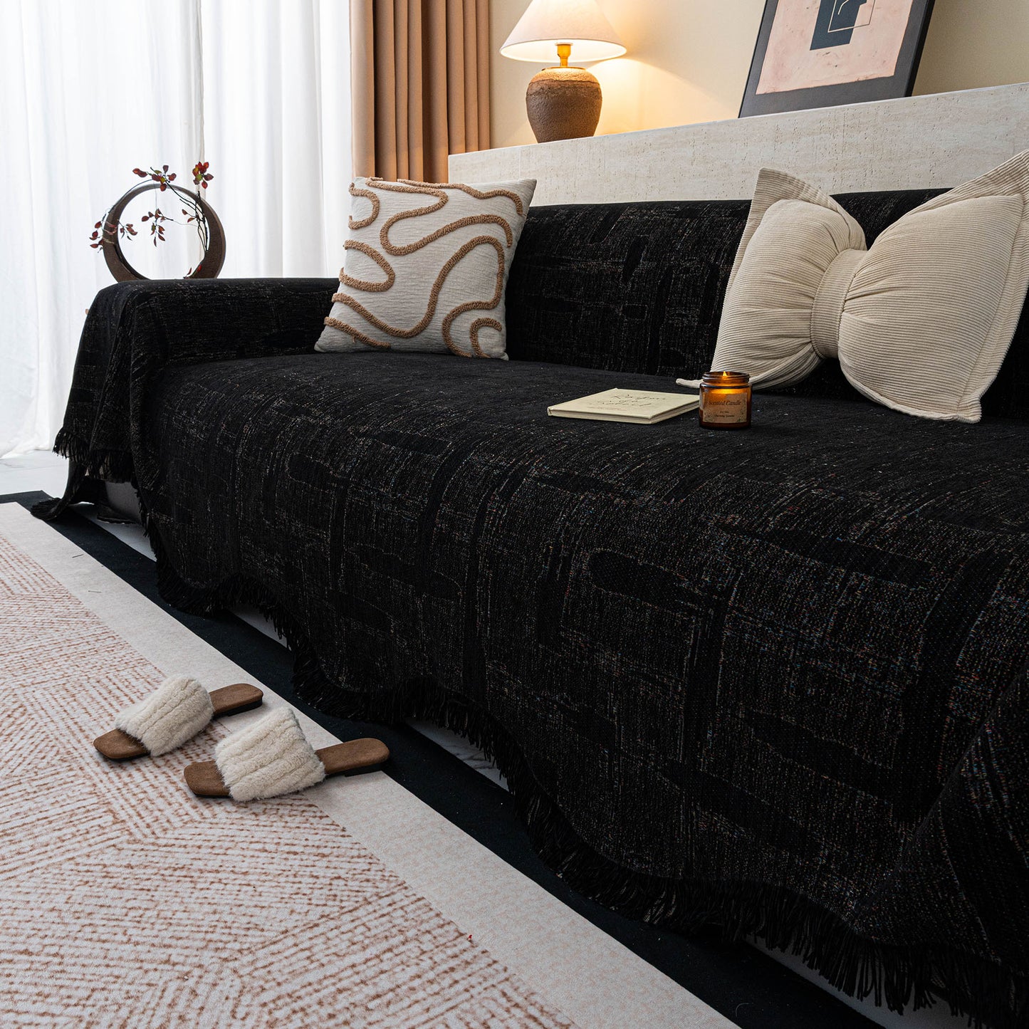 Chenille Sofa Cover Throw Blanket, Woven Textured Minimalist Wabi-Sabi Couch Cover
