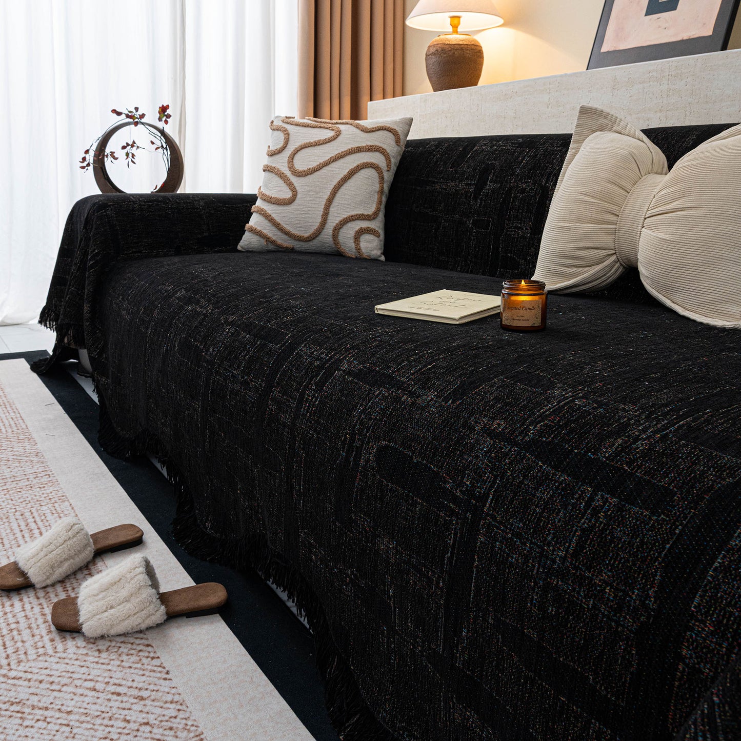 Chenille Sofa Cover Throw Blanket, Woven Textured Minimalist Wabi-Sabi Couch Cover