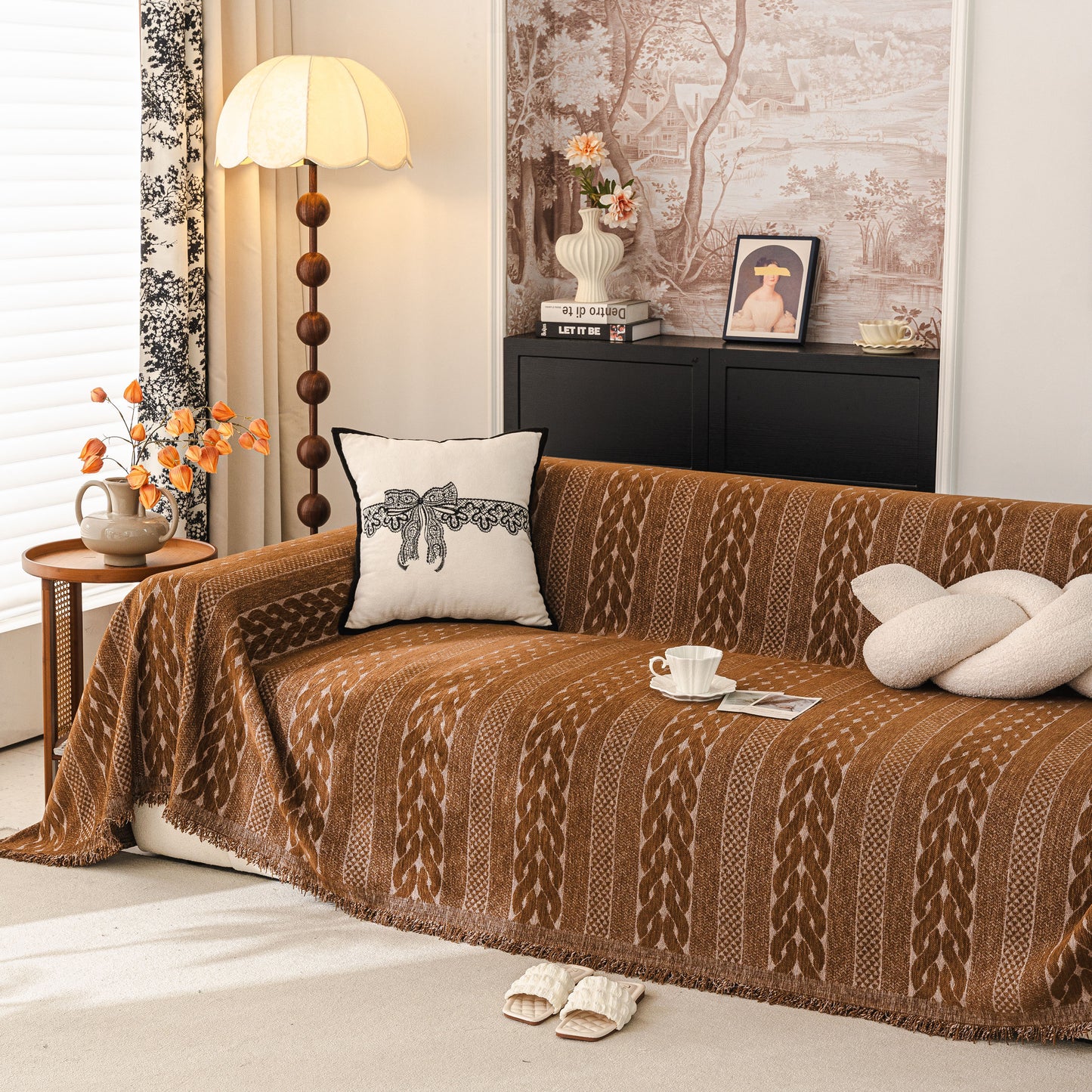 Sofa Cover Blanket Throw with Tassels, Decorative Furniture Protector for Dogs/Pets