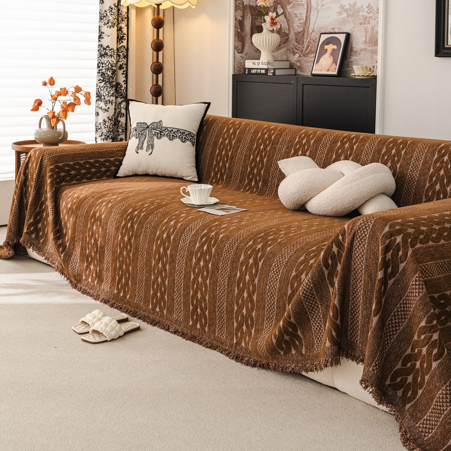 Sofa Cover Blanket Throw with Tassels, Decorative Furniture Protector for Dogs/Pets